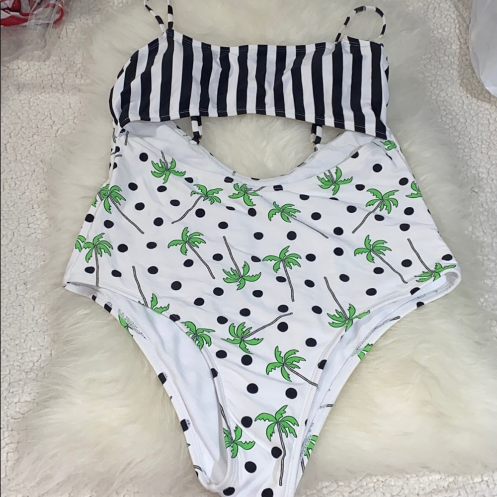 Lolli White One-Piece with Black Stripes and Green Palm Print